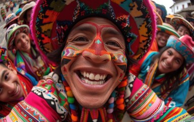 Fototapeta premium Peruheritage joy - fiestas patrias, national pride, authentic garment, cultural color, festive cheer, public unity, traditional fabric, people smile, ancestral rhythm, celebration life