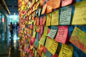 Post it notes on the wall with it team meeting in background