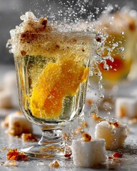 French drink Champagne Cocktail ingredient levitating midair highspeed macro shot of sparkling wine bubble sugar cube droplet bitter mist citrus twist fragment selective color emphasizes golden