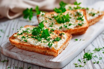 Delicious crispy bread slices are generously topped with a creamy spread and sprinkled with fresh herbs. This appetizing dish is beautifully arranged on a rustic wooden board