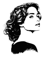 Fototapeta premium Elegant Woman Portrait in Black and White Line Art Illustration