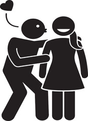 Romantic Couple Embracing with Kiss and Love Heart Icon Black and White Design