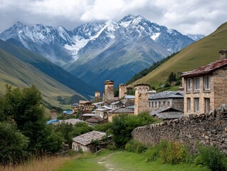 Stone village nestled amid towering mountains