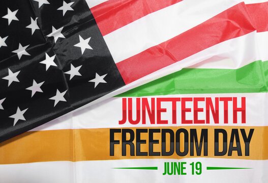 Juneteenth Freedom Day Wallpaper with United States flag in the backdrop. Freedom, patriotic, american, celebrating, black, green, red. June 16, Freedom day concept