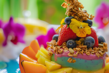 Vibrant layered smoothie bowl with fresh fruit, granola, and edible flowers. A delicious and colorful treat perfect for a healthy breakfast.