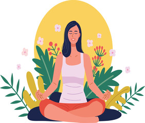 Woman Meditating in Lotus Pose with Plants and Flowers Vector Illustration on White Background.