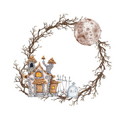 Castle old stone, with thatched roof, moon, tombstone, fence, dry branches watercolor illustration. Hand drawn for Halloween with space for text. Isolated from background. Frame, wreath, template.