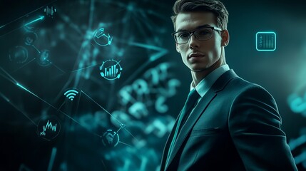 Confident businessman in suit with futuristic digital interface technology background data dark blue