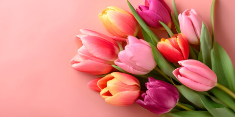 Bouquet of beautiful tulips on pink background, top view