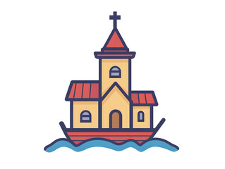 A church is shown in a boat on the water