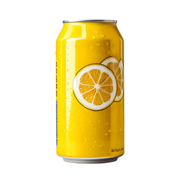 Lemon soda can with water droplets placed on a transparent background for food and beverage industry marketing projects and advertising banners to show a refreshing summer citrus drink product.