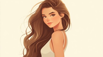 Fototapeta premium Modern 2D avatar of a brunette woman with long hair, featuring a clean, simple design perfect for any digital platform.