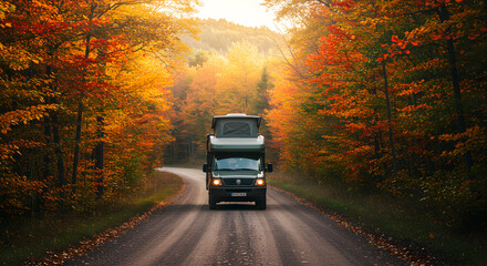 Obraz premium Autumn Road Trip: Camper Van on a Scenic Route Through Fall Foliage
