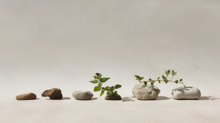 serene still life composition symbolizing journey to goal featuring natural elements like stones plants and winding
