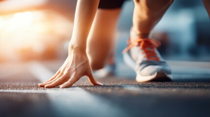 A focused sprinter in a start position, radiating determination and intensity, ready for a fierce competition.