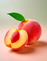 Fruta del melocotón y mitad del melocotón a un lado.