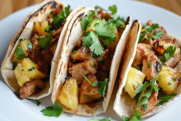 Tacos al Pastor: A plate of tacos al pastor with pineapple and cilantro