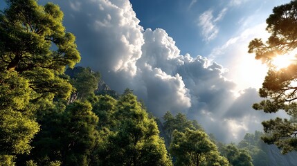 Obraz premium Sunlit forest landscape beneath towering clouds