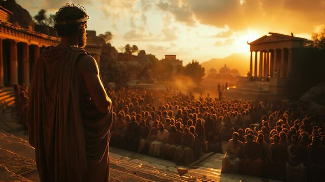 Ancient Roman Emperor Delivering Speech to Crowd in Grand Colosseum Arena - Historical Scene