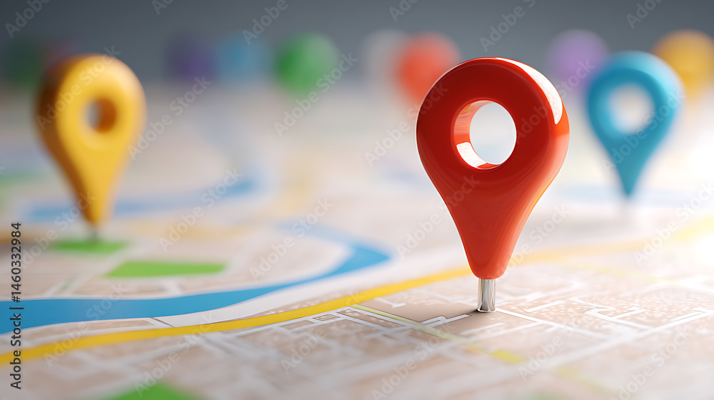Aufkleber 3D map travel location, locator mark of map and location pin or navigation icon sign on background with search, 3d rendering