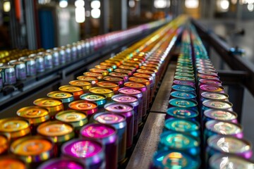 Vibrantly colored canned goods lined up on a factory conveyor belt, showing automated food production