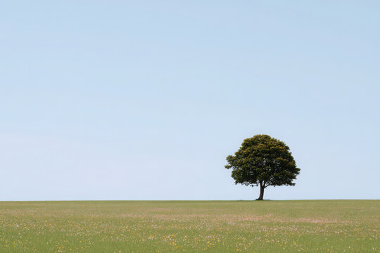 serene light spring meadow stretches out under clear blue sky featuring solitary tree on horizon