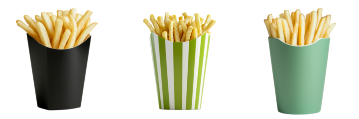 Png of Three types of delicious French fries in colorful containers, perfect for snacking or sharing.