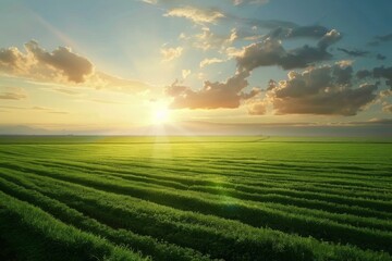 View of a solar farm on lush green field with sunset