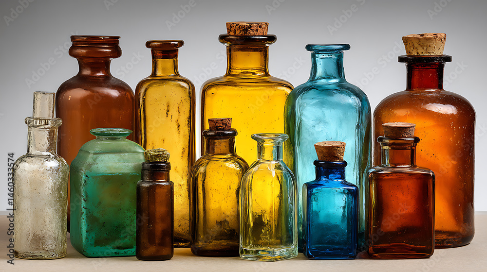 Poster A bunch of bottles of different types and sizes