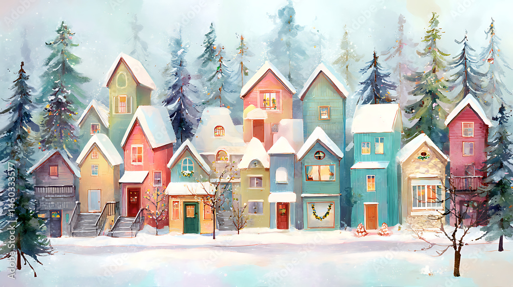 Poster a charming winter scene featuring colorful houses adorned with snow, surrounded by evergreen trees a