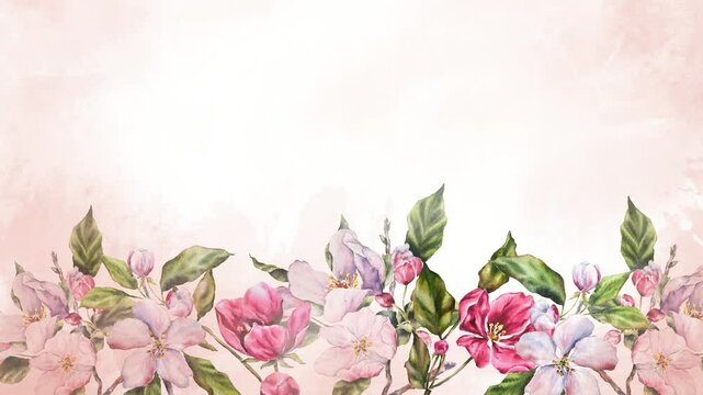 Elegant watercolor frame lamination with apple blossom branches, pink flowers green leaves on a black background. Perfect for greeting cards, wedding invitations, and floral-themed design templates.