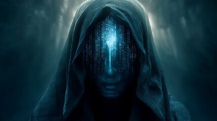 Mysterious hooded figure with digital code face dark fantasy art blue mood mask image style robot