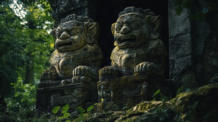 Ancient stone figures in a lush forest setting.