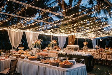 Wide-angle shot of a wedding reception tent with beautifully decorated tables, a dance floor, and a catered buffet area under twinkling lights