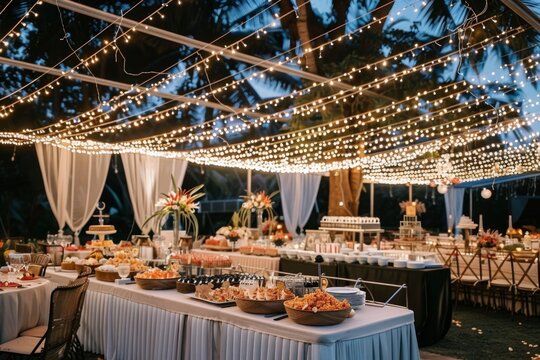 Wide-angle shot of a wedding reception tent with beautifully decorated tables, a dance floor, and a catered buffet area under twinkling lights
