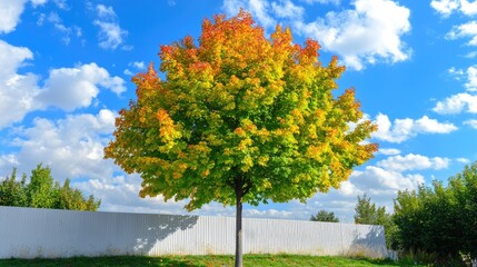 Vibrant autumn tree against a bright sky and fence.