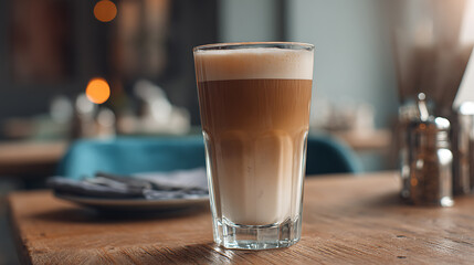 A glass glass of latte macchiato coffee on a table in a cafe