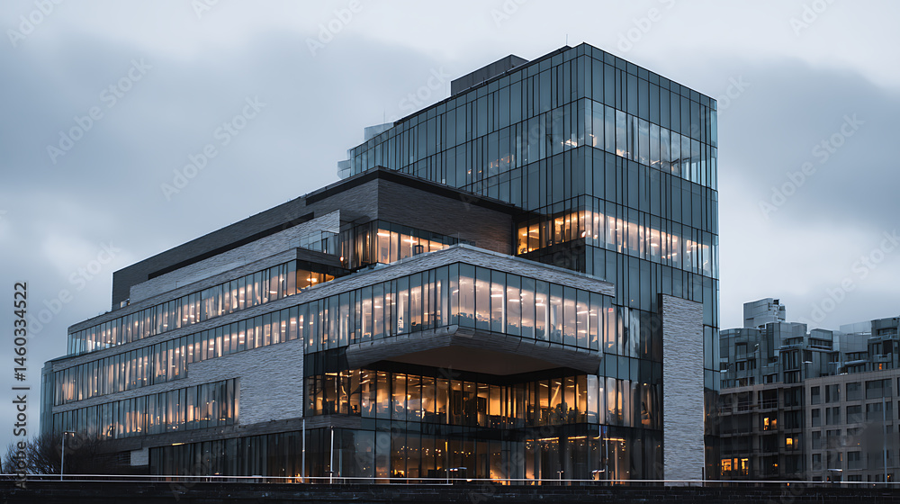 Poster a large building with a lot of glass on top of it
