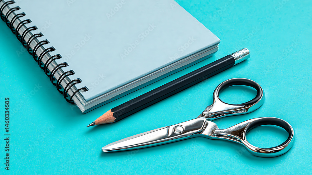 Poster a notebook, pencils, and a pair of scissors on a turquoise background