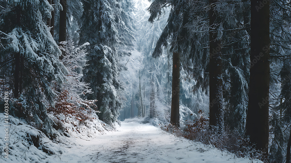Poster A path in the snowy winter forest with copy space