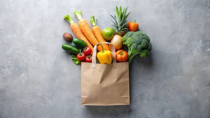 A paper bag overflowing with fresh produce, a vibrant collection of carrots, broccoli, peppers, tomatoes, cucumbers, pineapple, and lime, sits on a textured surface.