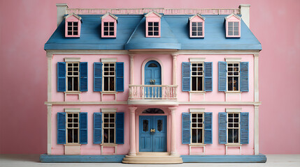Fototapeta premium A pink and blue doll house with blue shutters