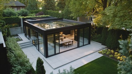 Aerial view of modern glass enclosed patio with outdoor dining surrounded by lush green garden space
