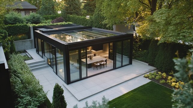 Aerial view of modern glass enclosed patio with outdoor dining surrounded by lush green garden space