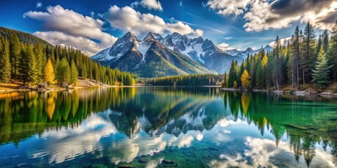 Obraz premium Serene mountain lake reflecting majestic snow-capped peaks under a vibrant autumn sky, a picturesque landscape of pristine nature
