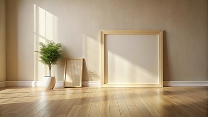 Fototapeta premium Sunlight streams through a window illuminating a minimalist room with hardwood floors, two empty picture frames, and a potted plant.