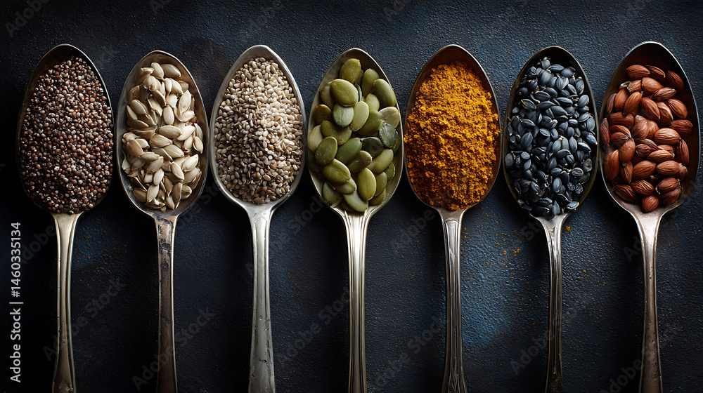 Poster A row of spoons filled with different types of seeds