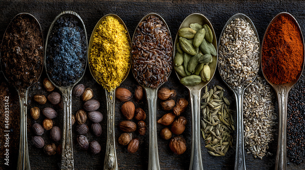 Poster A row of spoons filled with different types of seeds
