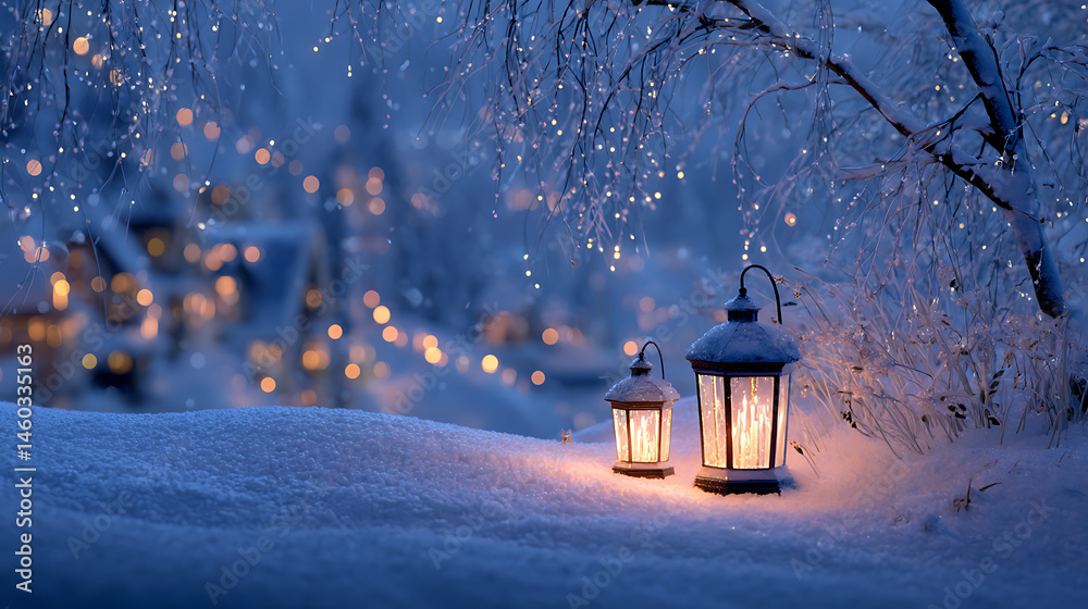 Poster a serene winter scene featuring two lanterns glowing softly in snow, surrounded by frosty landscape 