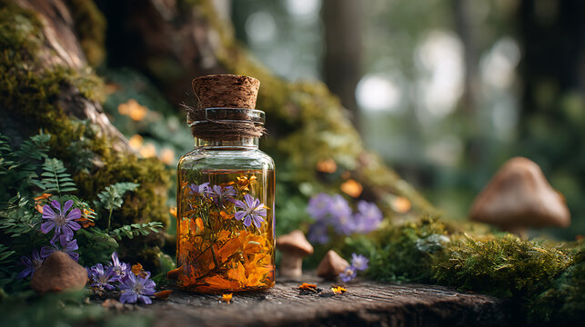 A small jar with a cork with a magic elixir and flowers inside in a clearing in a fairy forest